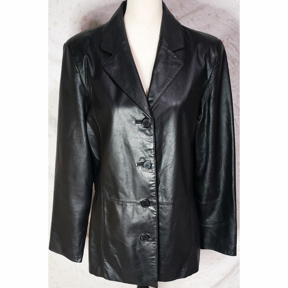 Vintage 90s Leather Trench Coat Buttons Long Blazer Jacket